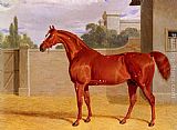 Racehorse Canvas Paintings - A Chestnut Racehorse in a Stable Yard